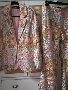 Fashion Nova Pink Floral Embroidered Pantsuit Set